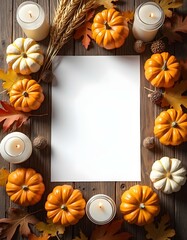 Autumn Flat Lay with Pumpkins, Candles, Leaves, and Blank Paper on Rustic Wooden Background