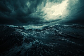 Dark Waves Crashing Against Rocky Shoreline