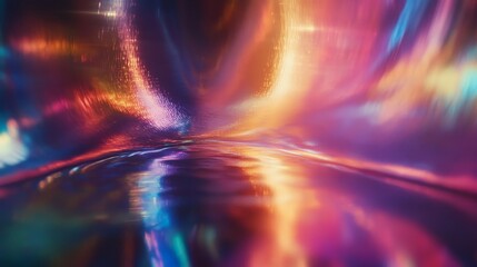 A vibrant, abstract scene with colorful reflections and ripples, evoking a sense of fluidity and motion.