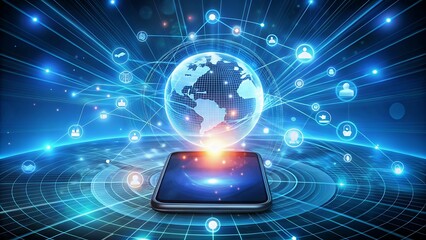 a glowing mobile phone at the center with flowing digital lines and icons representing global connectivity, AI, and digital progress.