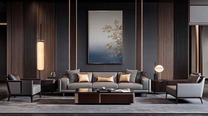 A luxurious navy blue sofa adorned with gold floral decorations enhances an art deco living room, featuring a stylish coffee table and elegant wall decor