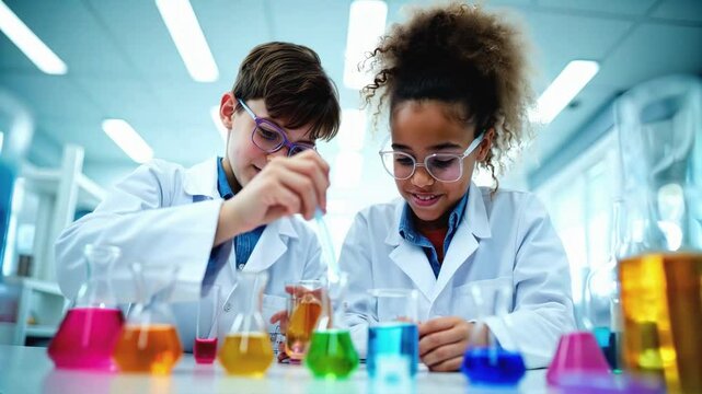 Two enthusiastic children wearing lab coats and glasses conducting experiments in a science lab, surrounded by colorful liquids in beakers, exploring chemistry in a fun learning environment.