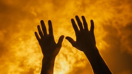Hands reaching toward the sky, silhouetted against the backdrop of a golden sunset. generative ai