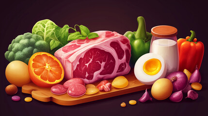 Fresh Produce, Quality Meat, Eggs & Selenium Elements in Business Illustration Style - Healthy Food Concept