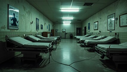Halloween creepy hospital with flickering lights creating a spine-chilling atmosphere of horror and intrigue