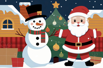 An illustration of a Christmas festive scene with a snowman and a gingerbread Santa. There's a Christmas tree with ornaments and a star on the top