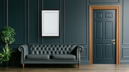 A luxurious navy blue sofa adorned with gold floral decorations enhances an art deco living room, featuring a stylish coffee table and elegant wall decor