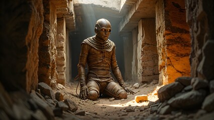 Halloween mummy awakening in an ancient tomb evoking themes of fear and mystery