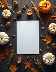Autumn Flat Lay with Pumpkins, Candles, Leaves, and Blank Paper on Dark Wooden Background