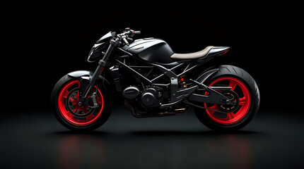 Fototapeta premium Isolated chrome motorcycle wheel with red spokes against a black background futuristic motorcycle