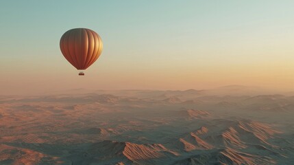Fototapeta premium A hot air balloon soars above the desert's mountain range, its majestic peaks reflected in the clear sky