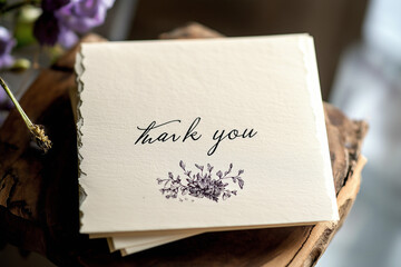 A simple yet elegant thank-you note with delicate floral border design, placed on a dark rustic background. Ideal for expressing gratitude in weddings, events, or special occasions with a vintage touc