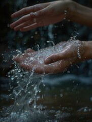 Fototapeta premium Hands are being thoroughly washed under a soft stream of water, emphasizing the significance of maintaining proper hygiene and cleanliness. Generative AI