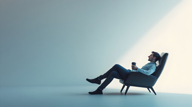 un hombre descansando en un sofa disfrutando de un rico cafe caliente tomando un espacio para pensar y relajarse sobre una pared lisa en una habitacion azul iluminada con espacio de copia