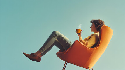 una mujer sentada en una silla o sofa tomando un taza de cafe caliente relajada y tranquila disfrutando de un momento de descanso sobre una pared azul con espacio de copia