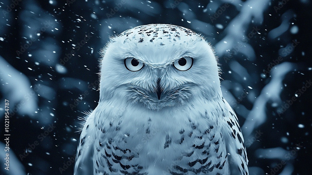 Sticker  White owl with blue eyes on dark background with snowflakes