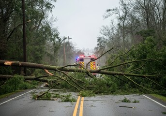 Emergency response to fallen trees on road after storm in rural area