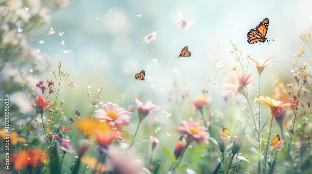 Poster Butterflies flutter above a lively meadow, surrounded by an array of colorful flowers under a bright and cheerful sky. Generative AI