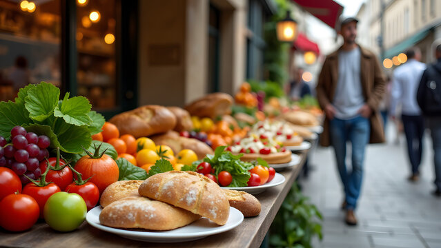 An Irresistible Display of Gourmet Food on a Rustic Table by a Bustling Street, Perfectly Appetizing and Colorful