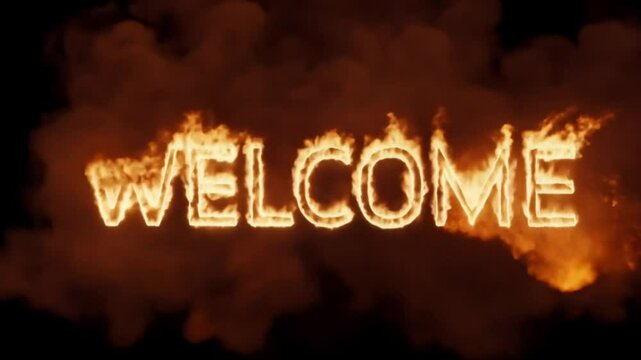 The word Welcome is written in fire