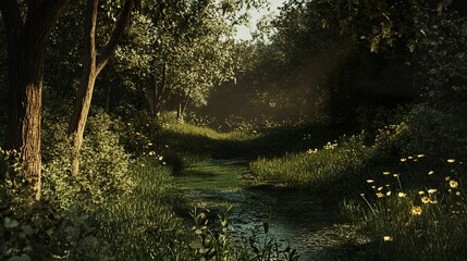 Sunlit Forest Stream - Tranquil Nature Photography