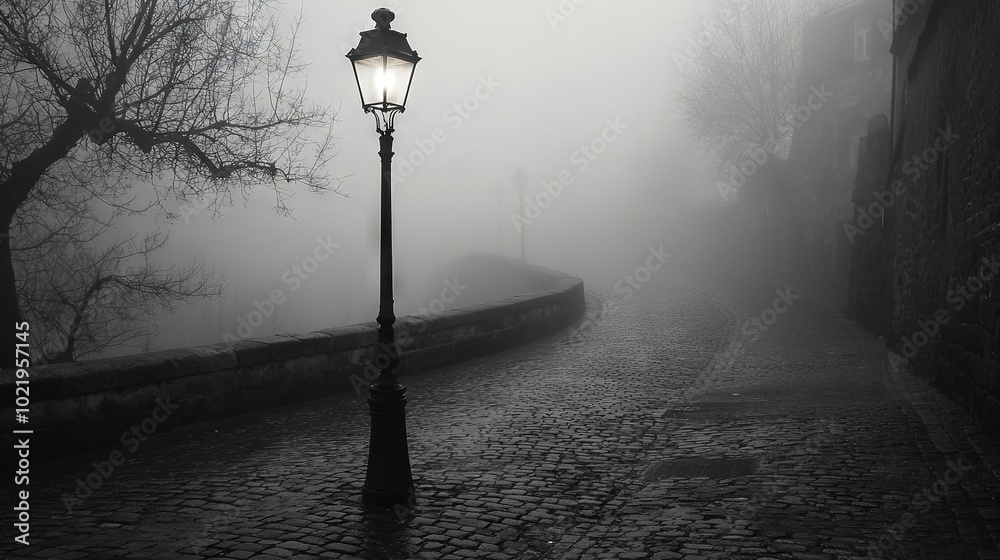 Poster   A cobblestone street in a foggy area with a streetlight illuminating a lamp post next to the road