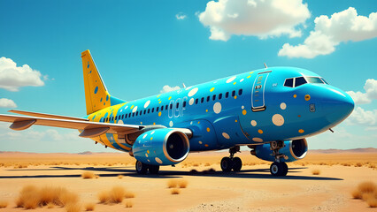 Obraz premium A Creatively Painted Blue Plane Adorned with White Dots and Splashes of Yellow Graffiti in a Vibrant Landscape