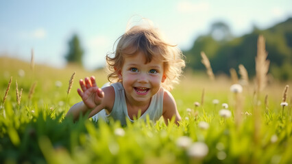A Joyful Child Holding onto a Grassy Hill, Embracing Adventure and Imagination Under the Sun