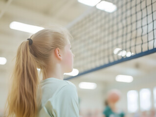 Obraz premium Young Female Volleyball Player Looking Up at Net in Indoor Gym