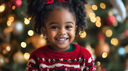  Xmas vibes - cute kid child black girl wearing christmas outfit smiling at the camera. Horizontal banner