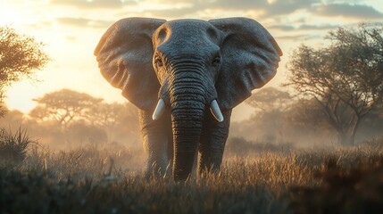 Obraz premium An elephant stands majestically amidst a lush field dotted with tall trees The golden rays of the setting sun filter through the scattered clouds above, casting a warm glow on