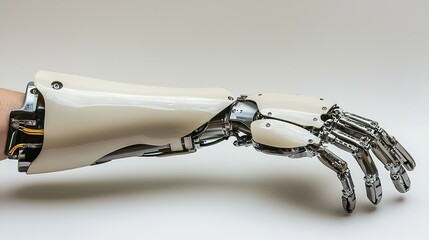 A robotic prosthetic arm showcasing intricate design and advanced technology for enhanced functionality.