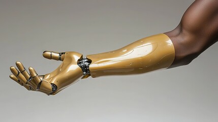 A lifelike prosthetic arm with a metallic gold finish, showcasing advanced design and technology alongside a natural human arm.