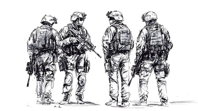 Black and white illustration of four soldiers in tactical gear with rifles
