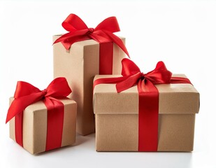 kraft gift boxes with red ribbons