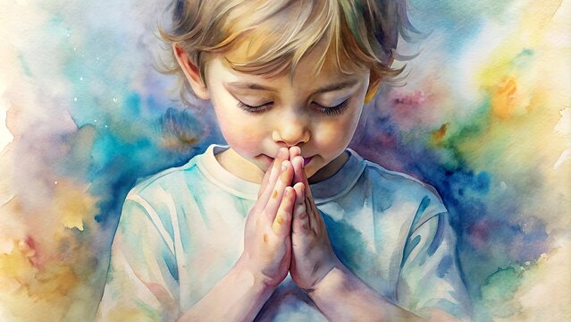 Young child in prayer with peaceful expression and light. Watercolor.