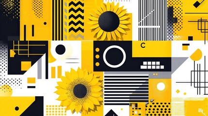   A yellow-black pattern surrounds a sunflower in the center, while a black-white geometric pattern dominates