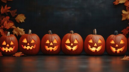 Fototapeta premium Retro Halloween pumpkin contest, glowing jack-o'-lanterns lined up, autumn leaves swirling in the wind