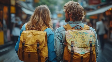 Obraz premium Back view of couple with backpacks walking in busy Asian city