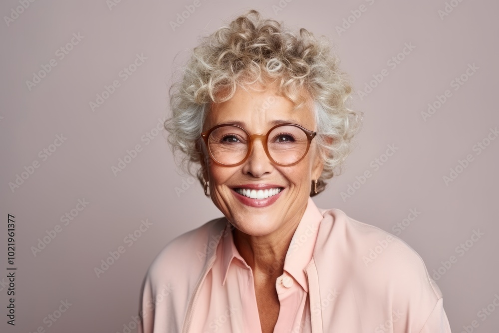 Wall mural portrait of a smiling senior woman with eyeglasses over grey background