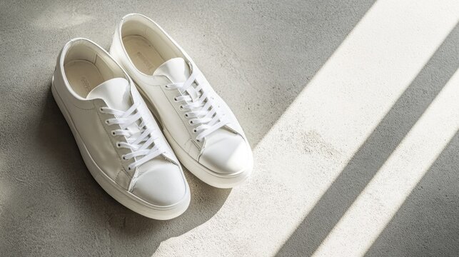 A pair of white sneakers on a clean concrete floor natural light   perfect for lifestyle blog posts and fashion e-commerce.