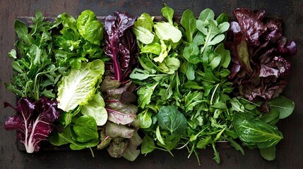   A close-up of diverse green leaves, ranging from leafy greens to red varieties