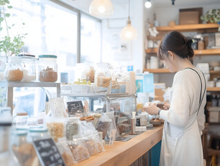 Smiling Barista in a Coffee Shop with a Counter Display of Baked Goods and Ingredients