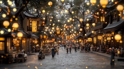 Lanterns glow gently in the night sky, illuminating the faces of people gathered in a lively ancient square street filled with vibrant colors and festive energy