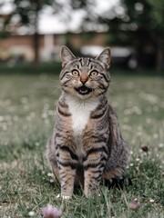 Obraz premium Surprised Tabby Cat in the Grass: A playful tabby cat with a wide, surprised expression sits in a patch of green grass, its eyes wide and its mouth slightly open.