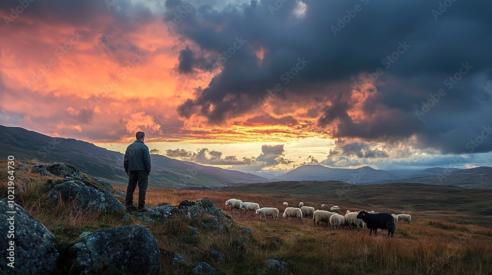 Canvas Prints   A man stands atop a verdant hill alongside a flock of sheep