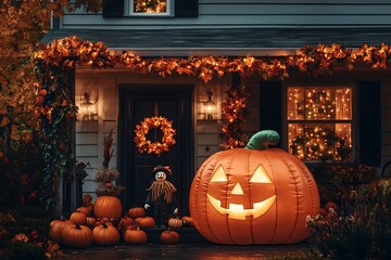 Obraz premium Large Jack O Lantern with glowing face on porch with pumpkins, scarecrow, and festive decorations for Halloween