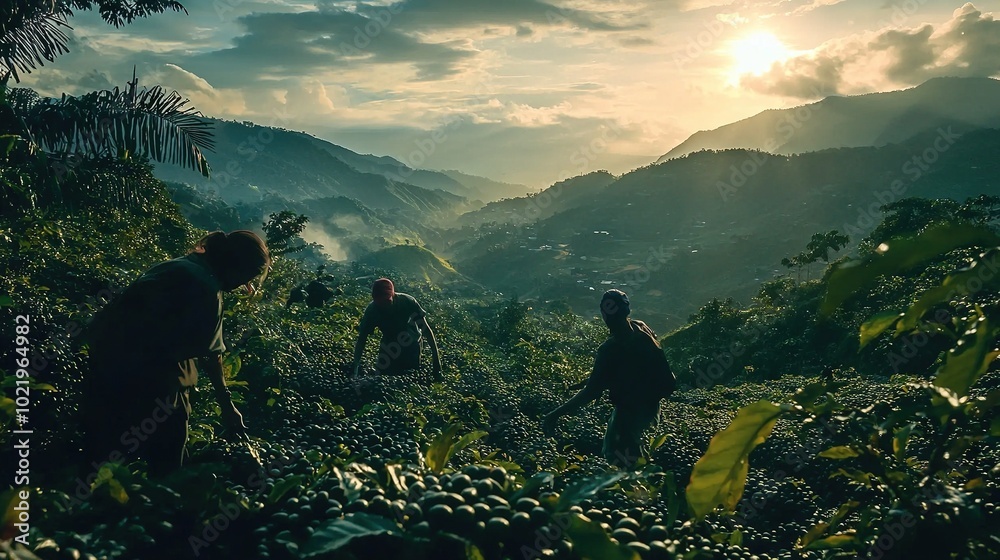 Canvas Prints   A lush green hillside, forest filled with numerous trees surrounds a group of people standing atop it