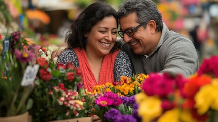 Obraz premium A middle-aged Hispanic couple in their 40s both with dark hair choosing flowers at a bustling flower market their smiles bright.