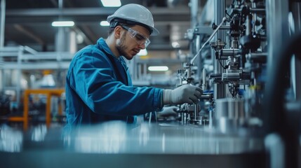 Factory worker operating machine, clean industrial background, bright lighting